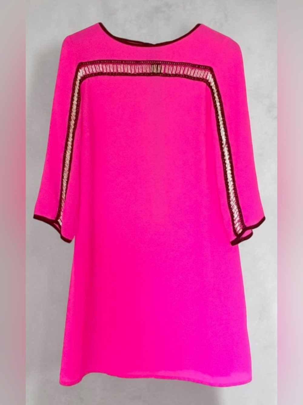 Lulumari Hot Pink Long Sleeve Shift Dress with Black Trim